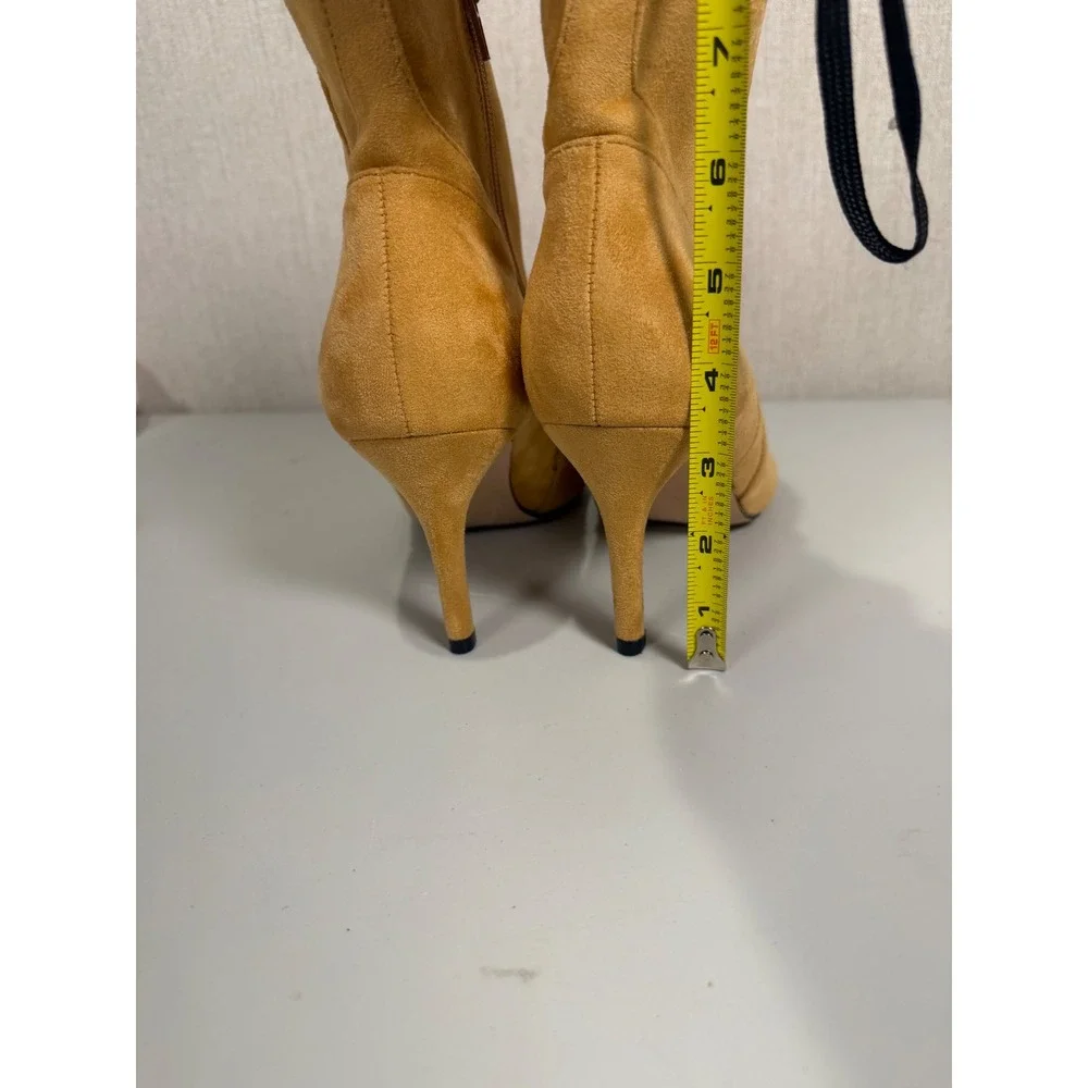Coutgo Womens Mustard Yellow Faux Suede Pointed Toe Stiletto Ankle Boots Size 9